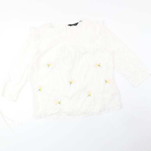 Dorothy Perkins Womens White Floral Polyester Basic Blouse Size 14 Boat Neck - Sleeve Tie Detail