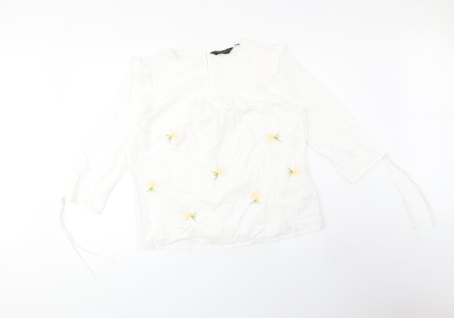 Dorothy Perkins Womens White Floral Polyester Basic Blouse Size 14 Boat Neck - Sleeve Tie Detail