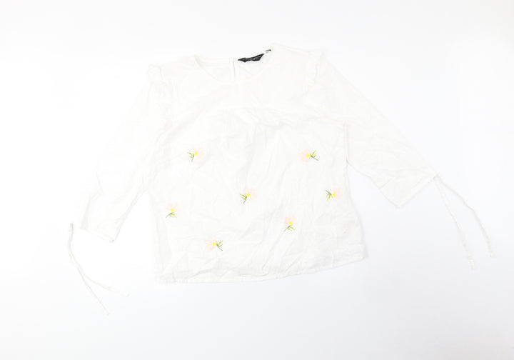 Dorothy Perkins Womens White Floral Polyester Basic Blouse Size 14 Boat Neck - Sleeve Tie Detail