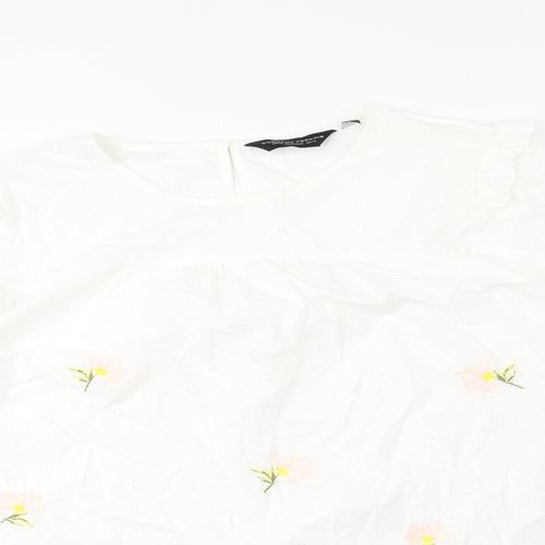 Dorothy Perkins Womens White Floral Polyester Basic Blouse Size 14 Boat Neck - Sleeve Tie Detail