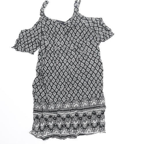 Papaya Womens Black Geometric Polyester Shift Size 8 V-Neck Pullover - Cold Shoulder