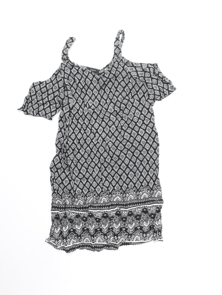 Papaya Womens Black Geometric Polyester Shift Size 8 V-Neck Pullover - Cold Shoulder