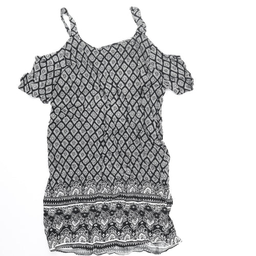 Papaya Womens Black Geometric Polyester Shift Size 8 V-Neck Pullover - Cold Shoulder