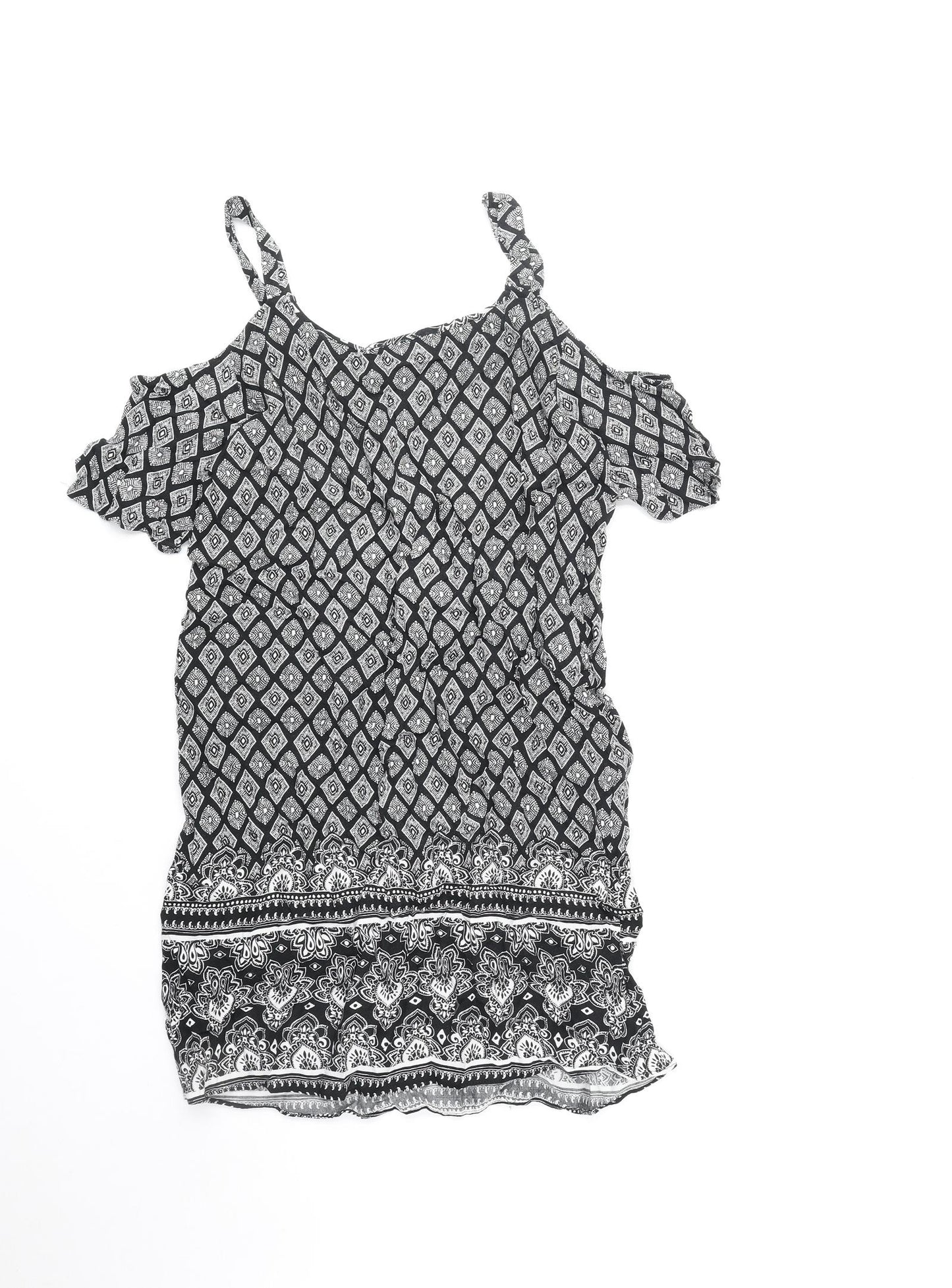 Papaya Womens Black Geometric Polyester Shift Size 8 V-Neck Pullover - Cold Shoulder