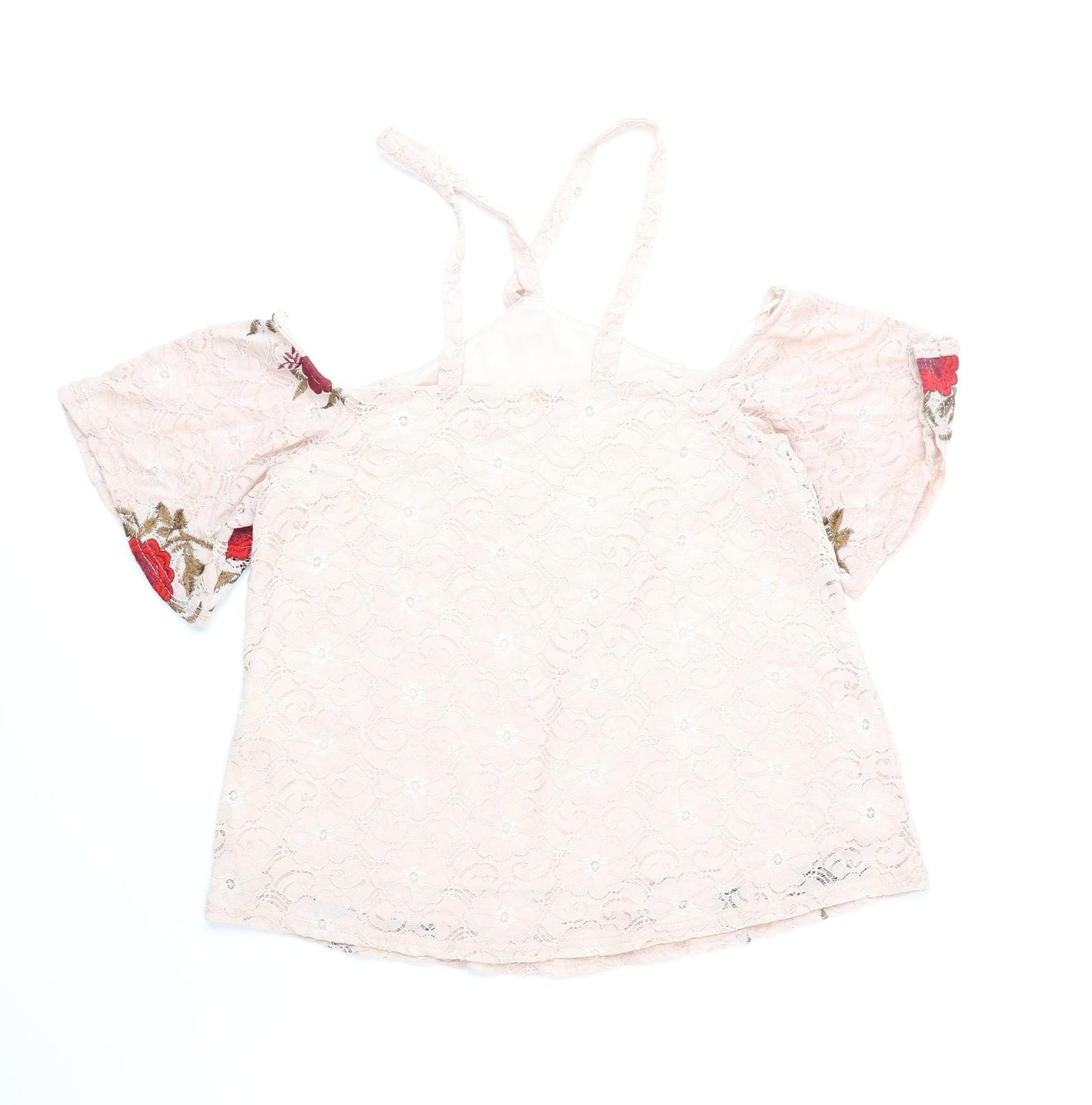 River Island Womens Beige Floral Nylon Basic Blouse Size 10 Off the Shoulder - Lace Overlay Cold Shoulder