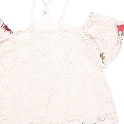 River Island Womens Beige Floral Nylon Basic Blouse Size 10 Off the Shoulder - Lace Overlay Cold Shoulder