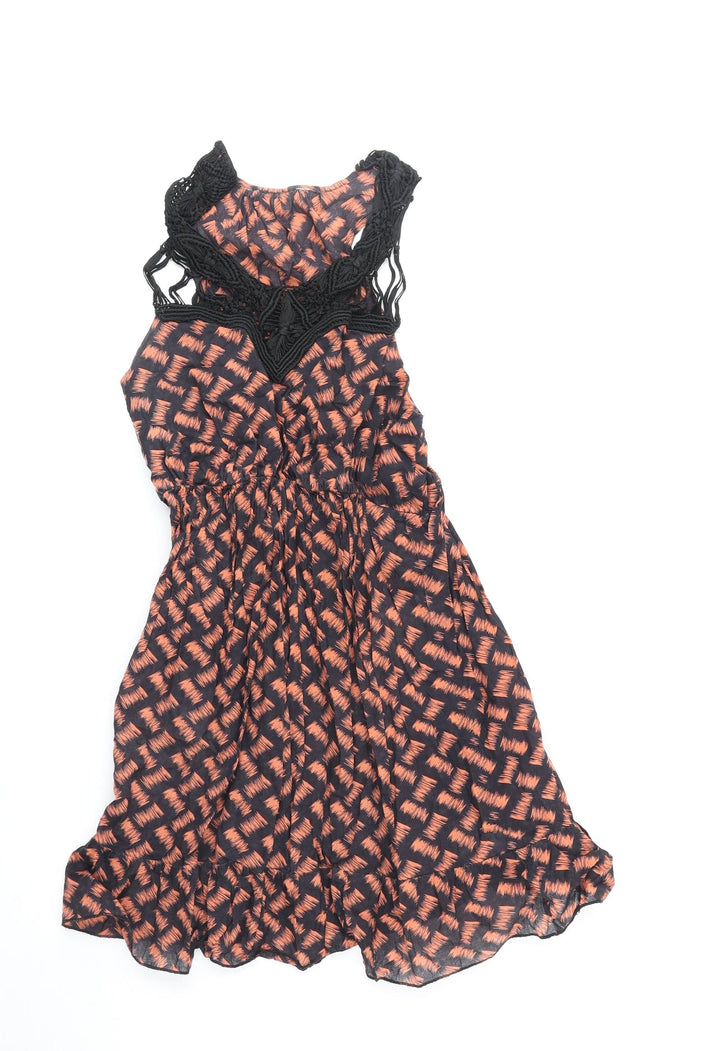 New Look Womens Orange Geometric Polyester Fit & Flare Size 6 Scoop Neck Pullover