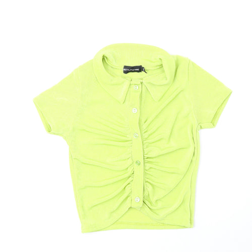 PRETTYLITTLETHING Womens Green Polyester Cropped Button-Up Size 4 Collared - Ruched