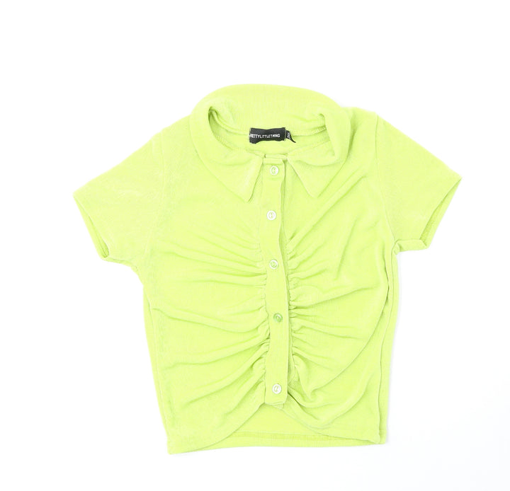 PRETTYLITTLETHING Womens Green Polyester Cropped Button-Up Size 4 Collared - Ruched