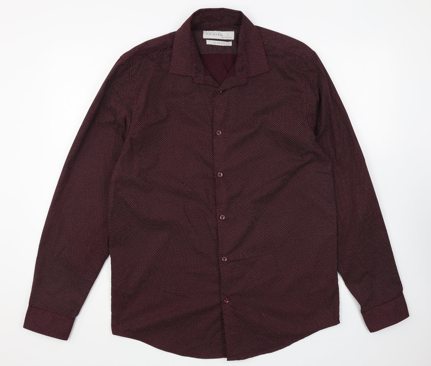 Primark Mens Red Polka Dot Polyester Dress Shirt Size L Round Neck Button