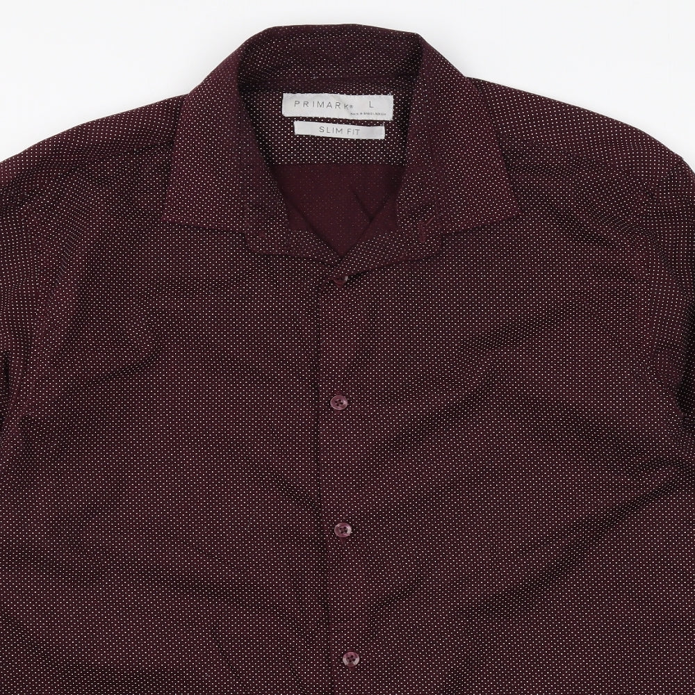 Primark Mens Red Polka Dot Polyester Dress Shirt Size L Round Neck Button