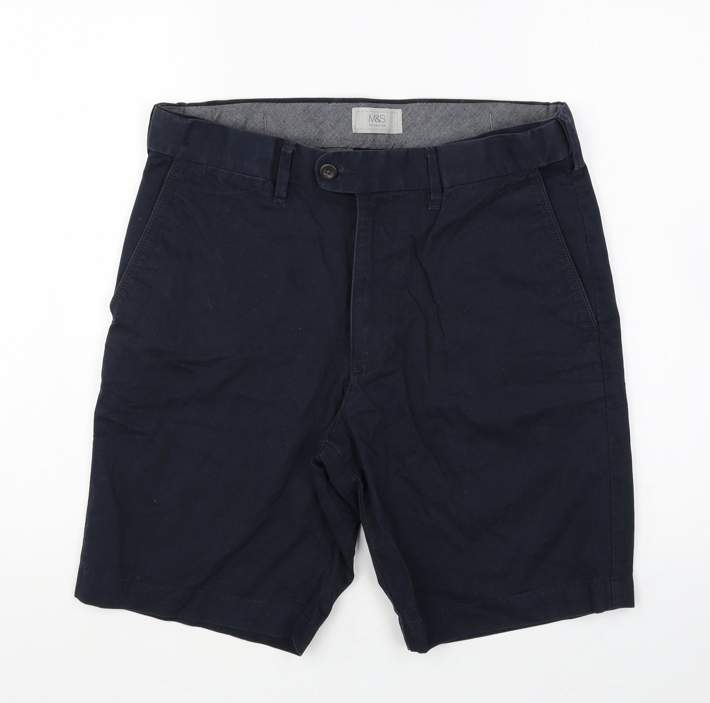 Marks and Spencer Mens Blue Cotton Chino Shorts Size 34 in Regular Button