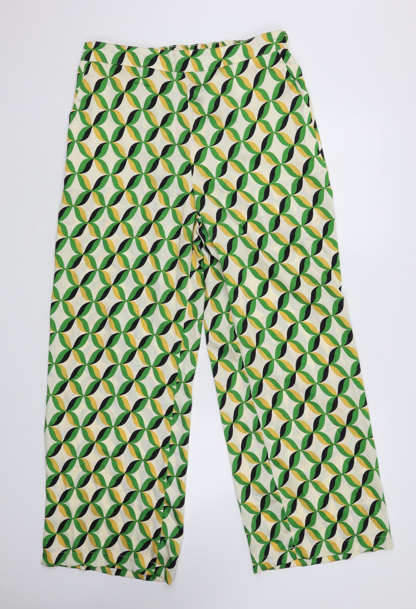 F&F Womens Green Geometric Polyester Trousers Size 14 L30 in Regular