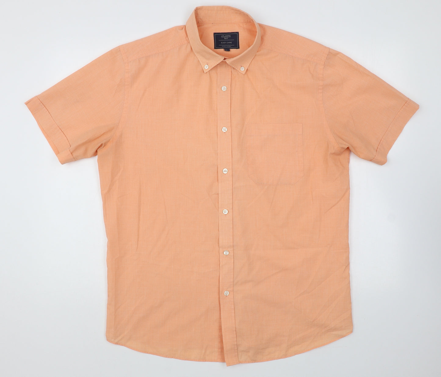 Atlantic Bay Mens Orange Cotton Button-Up Size L Collared Button