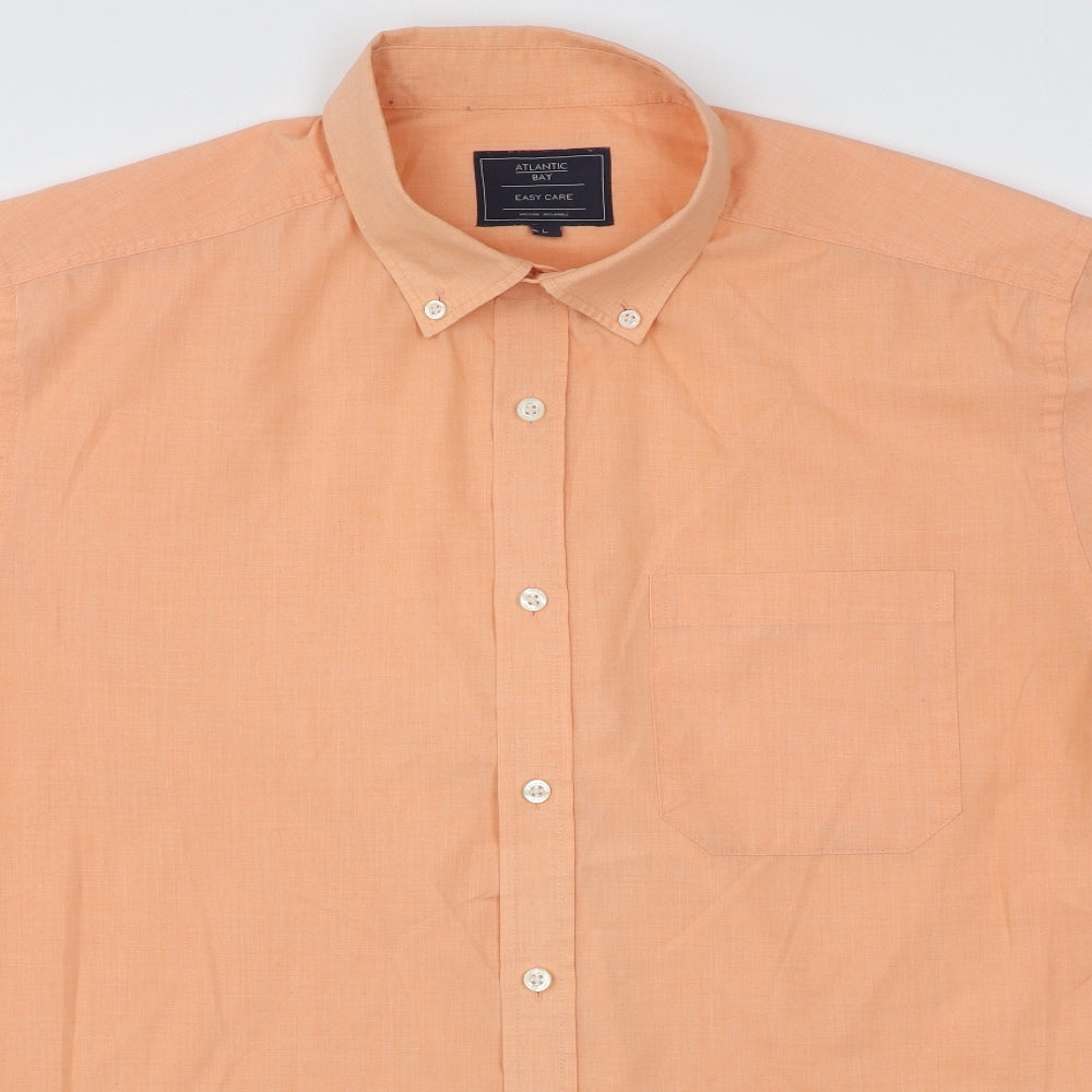 Atlantic Bay Mens Orange Cotton Button-Up Size L Collared Button