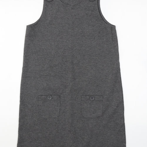 Pep & Co Girls Grey Polyester Pinafore/Dungaree Dress Size 12-13 Years Round Neck Button - School