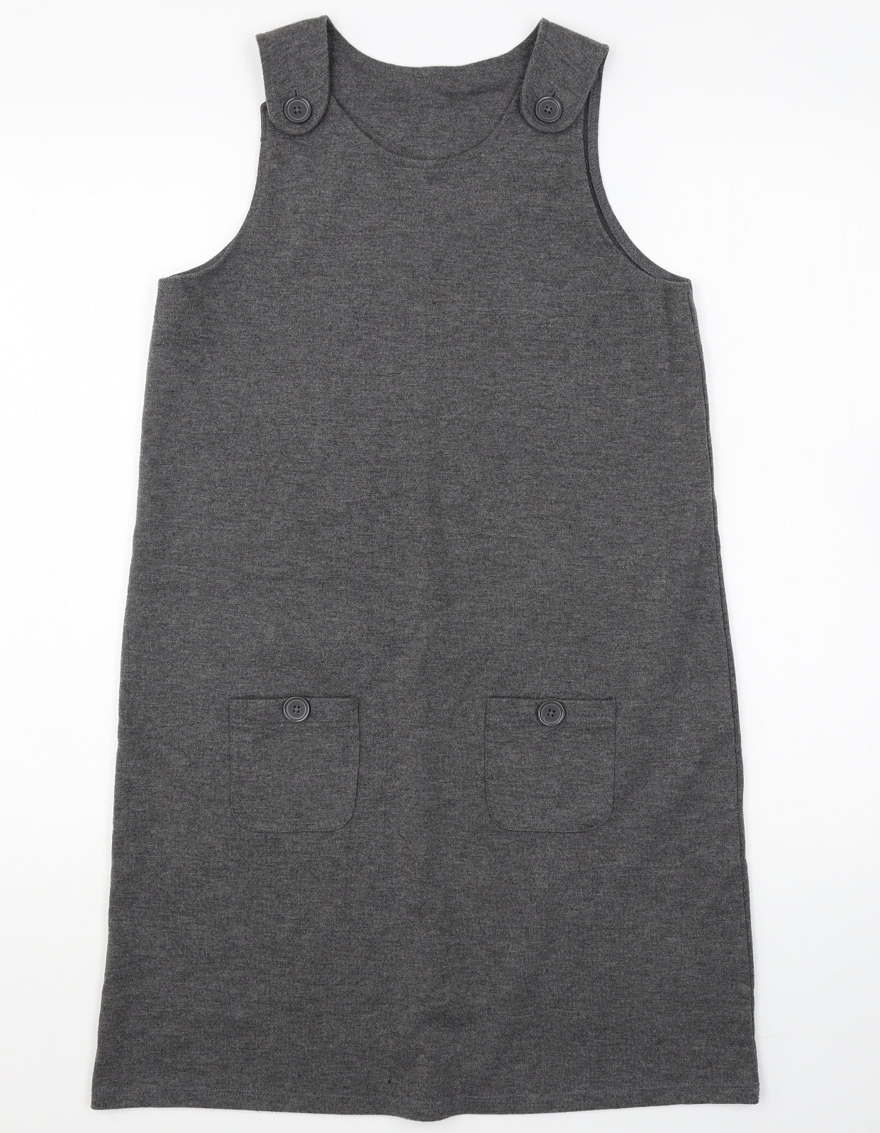 Pep & Co Girls Grey Polyester Pinafore/Dungaree Dress Size 12-13 Years Round Neck Button - School