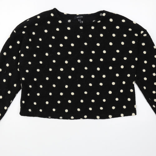 New Look Womens Black Scoop Neck Polka Dot Acrylic Pullover Jumper Size M - Cropped Pom Pom Detail