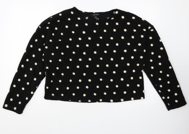 New Look Womens Black Scoop Neck Polka Dot Acrylic Pullover Jumper Size M - Cropped Pom Pom Detail