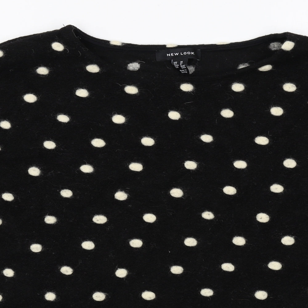 New Look Womens Black Scoop Neck Polka Dot Acrylic Pullover Jumper Size M - Cropped Pom Pom Detail