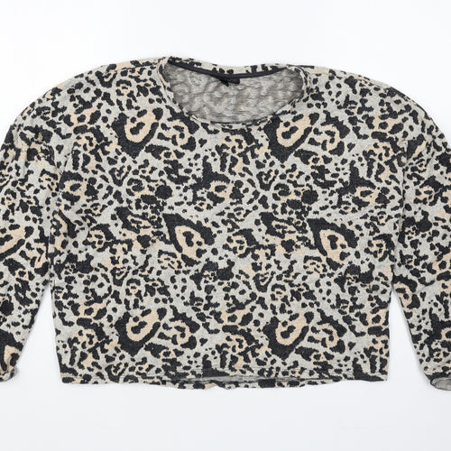 Topshop Womens Grey Scoop Neck Animal Print Cotton Pullover Jumper Size 12 - Leopard Print Cropped