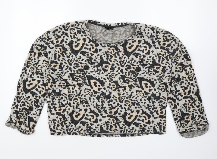 Topshop Womens Grey Scoop Neck Animal Print Cotton Pullover Jumper Size 12 - Leopard Print Cropped