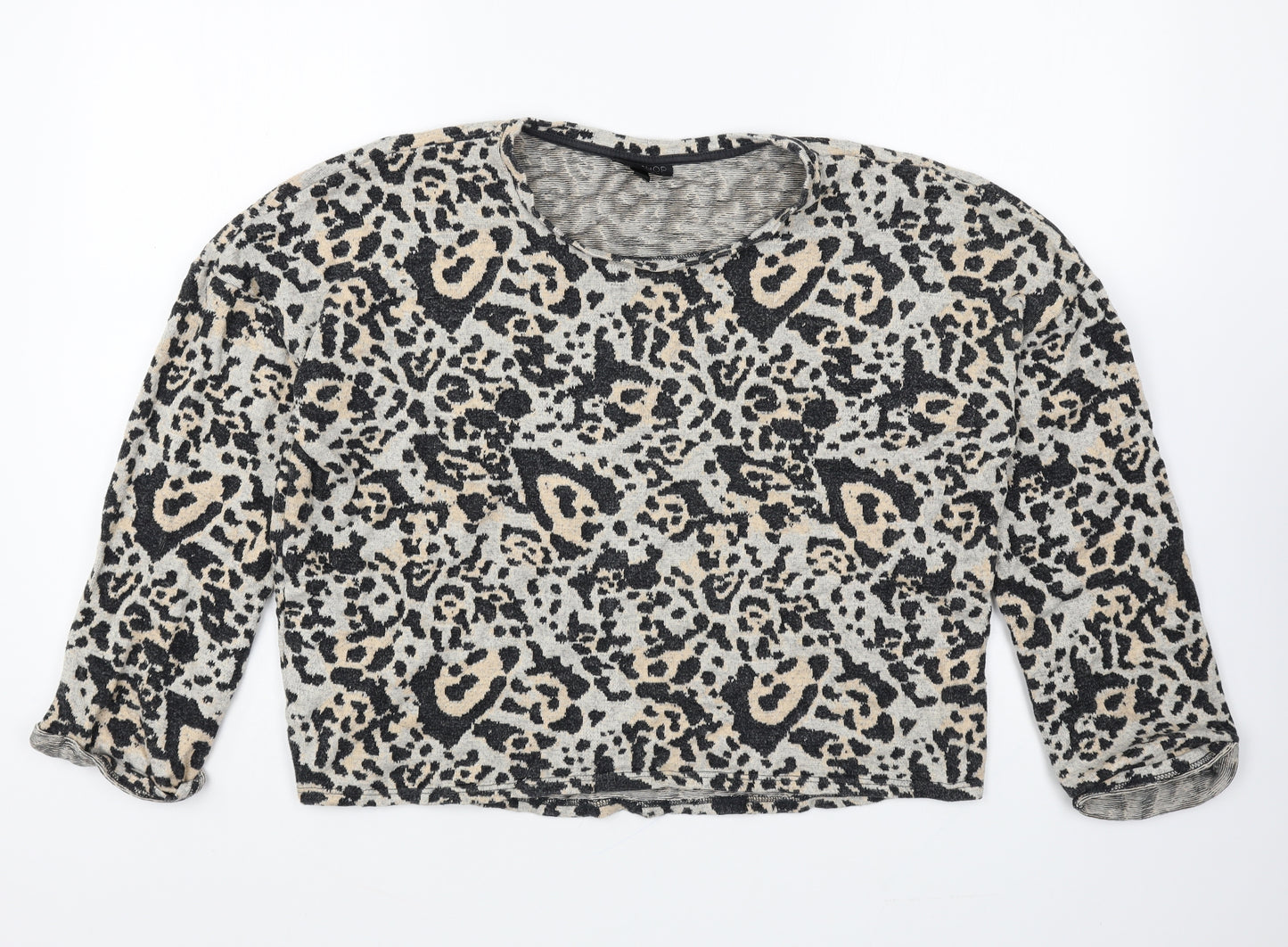 Topshop Womens Grey Scoop Neck Animal Print Cotton Pullover Jumper Size 12 - Leopard Print Cropped