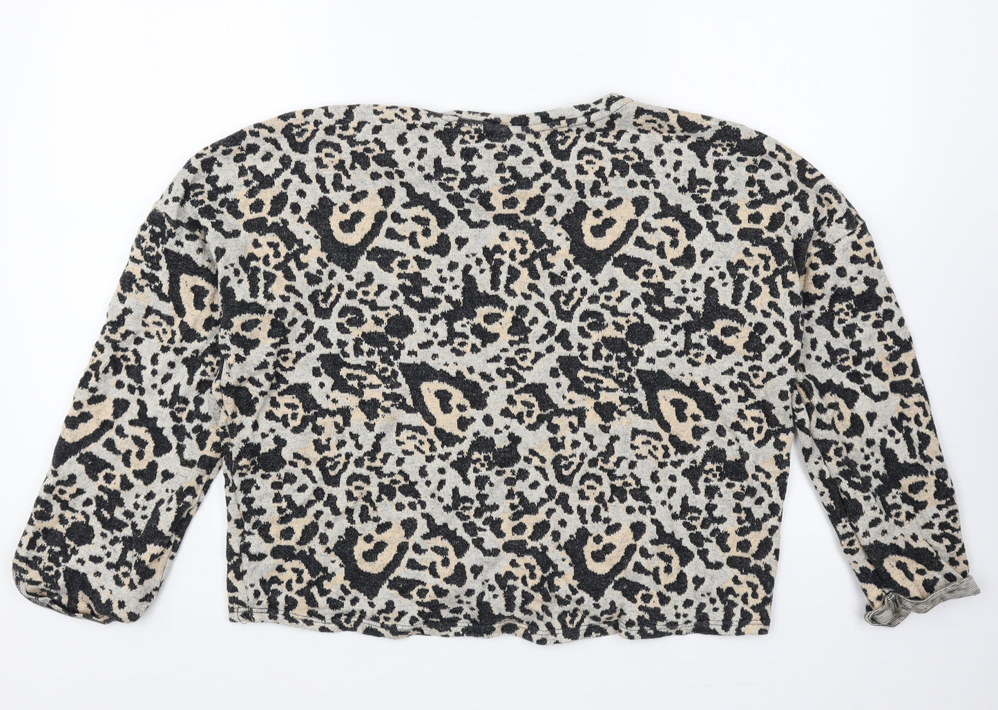 Topshop Womens Grey Scoop Neck Animal Print Cotton Pullover Jumper Size 12 - Leopard Print Cropped