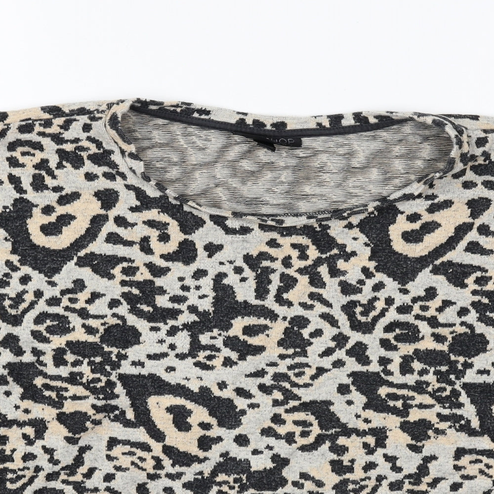 Topshop Womens Grey Scoop Neck Animal Print Cotton Pullover Jumper Size 12 - Leopard Print Cropped