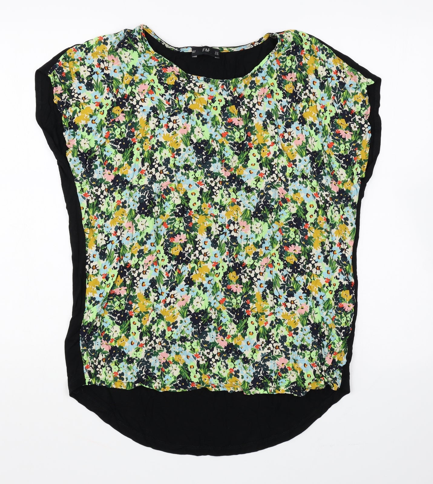 F&F Womens Black Floral Polyester Basic T-Shirt Size 14 Round Neck