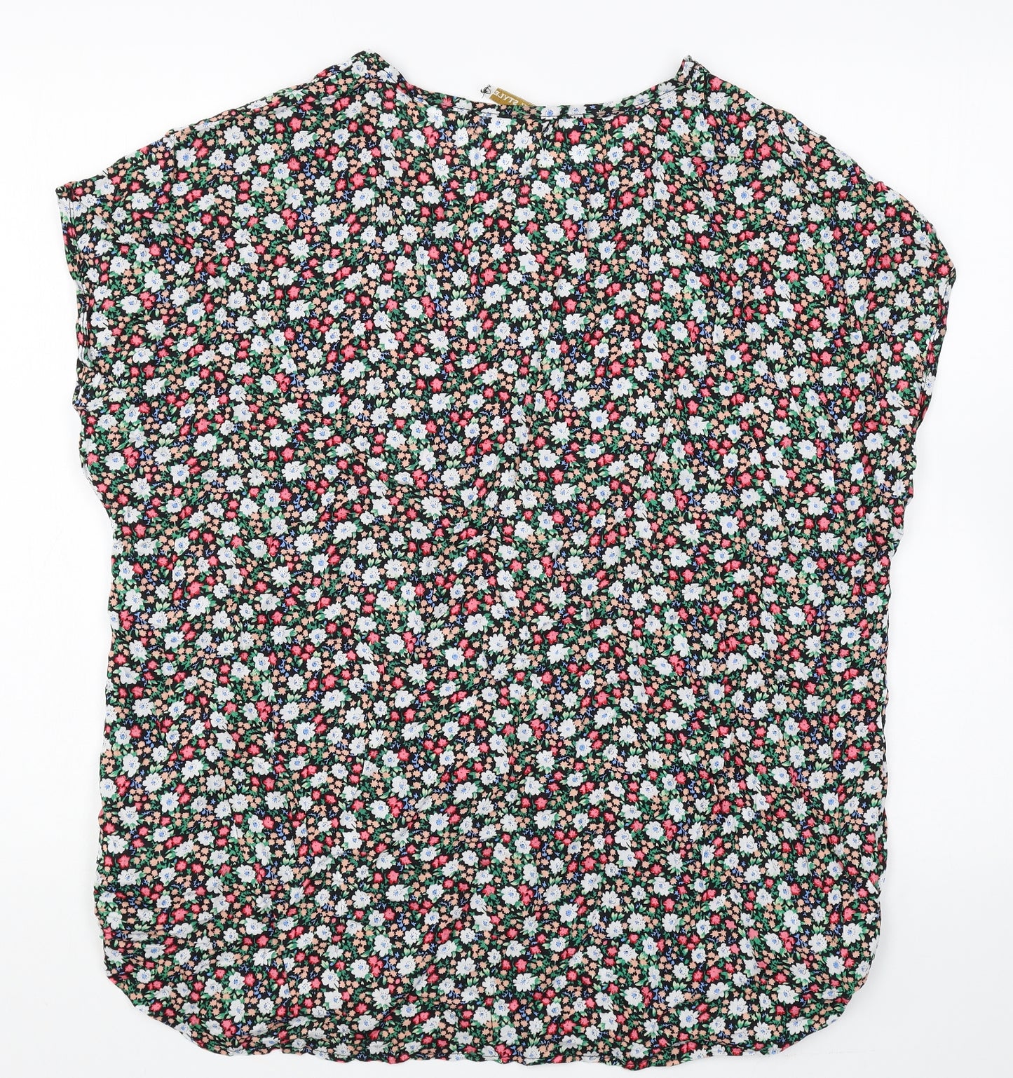 Lucky Style Womens Black Floral Polyester Basic T-Shirt Size XL Round Neck