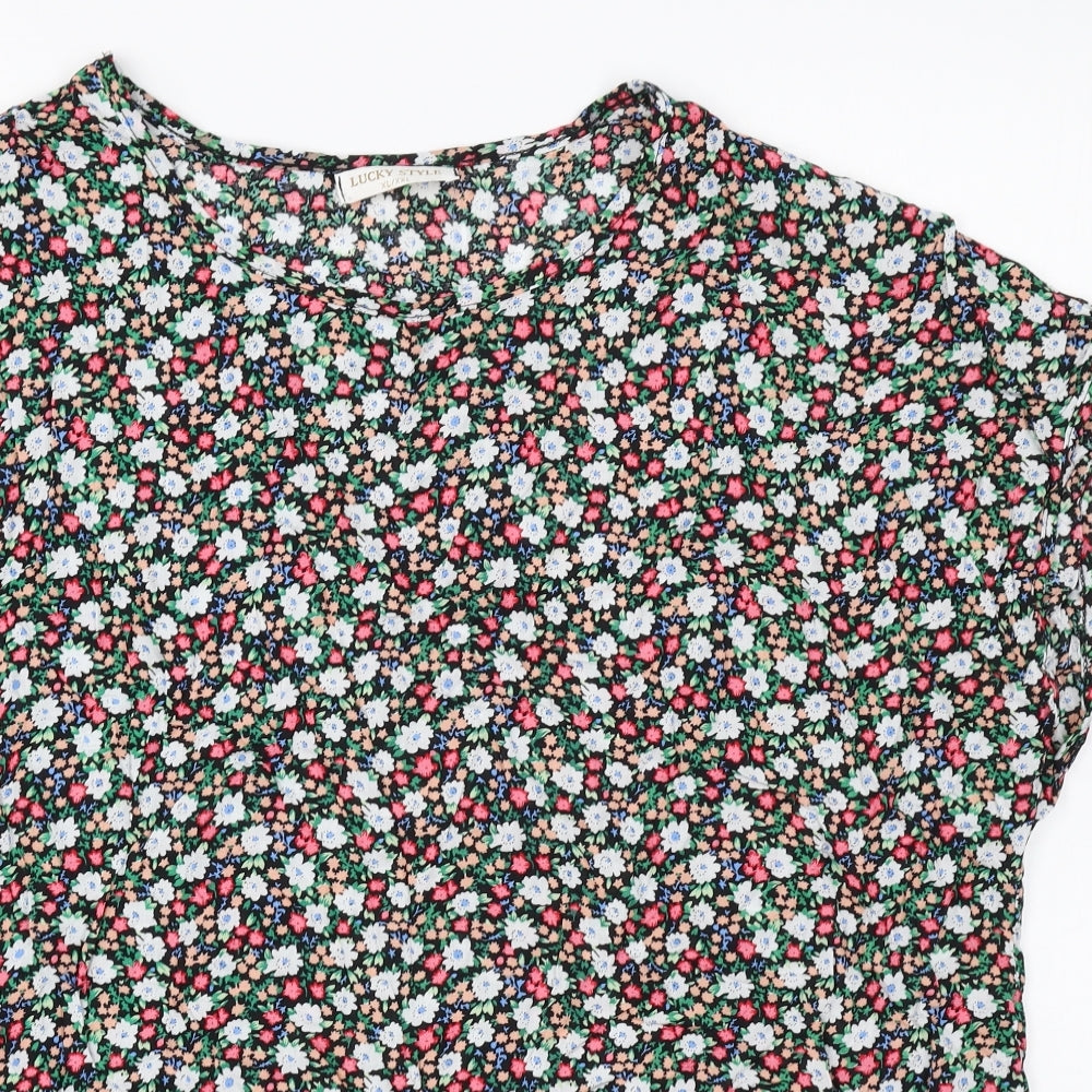 Lucky Style Womens Black Floral Polyester Basic T-Shirt Size XL Round Neck