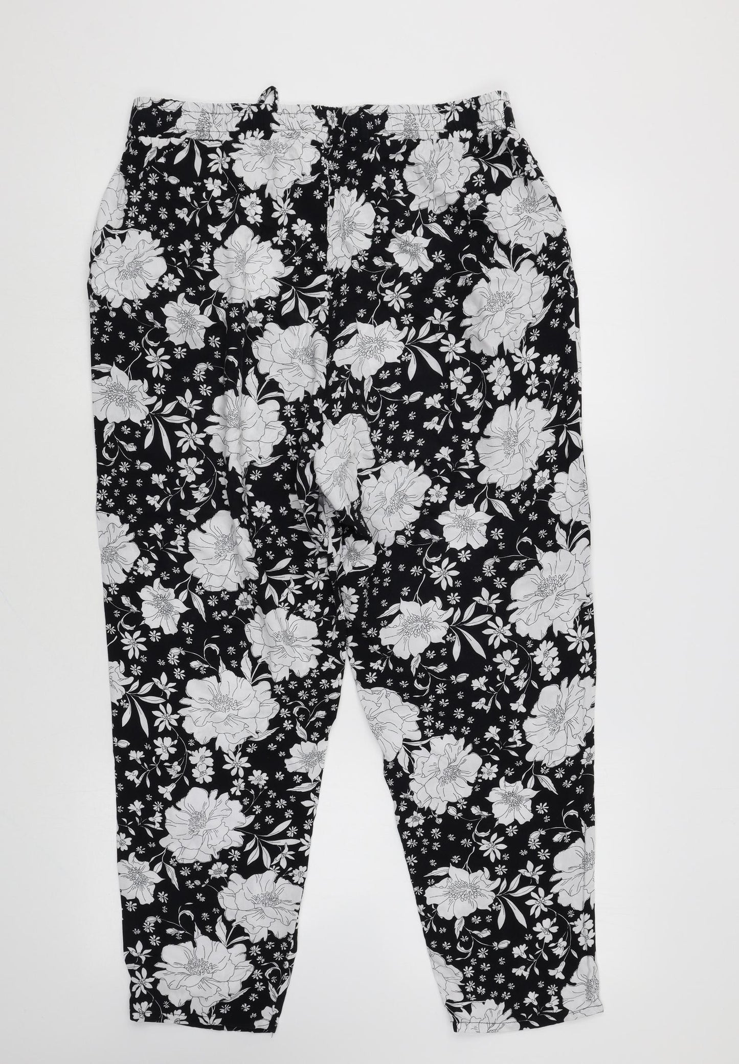 F&F Womens Black Geometric Viscose Trousers Size 16 L27 in Regular Tie