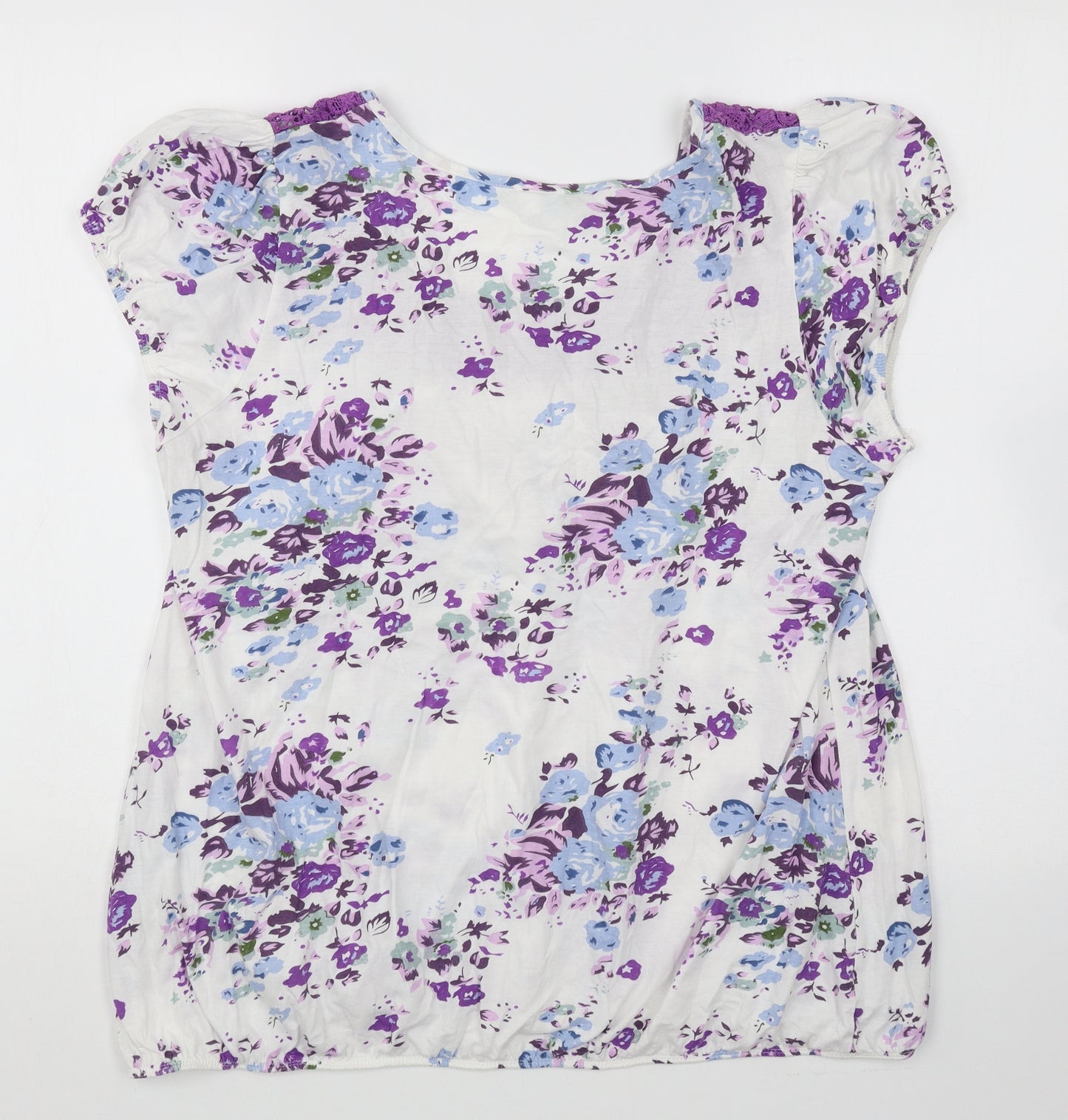 BHS Womens Purple Floral Cotton Basic Blouse Size 18 Scoop Neck