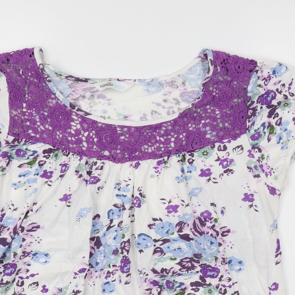 BHS Womens Purple Floral Cotton Basic Blouse Size 18 Scoop Neck