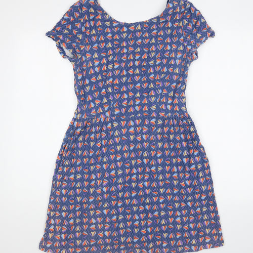 NEXT Womens Blue Geometric Cotton Skater Dress Size 12 Scoop Neck Pullover