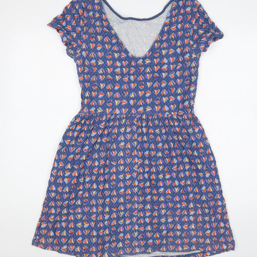 NEXT Womens Blue Geometric Cotton Skater Dress Size 12 Scoop Neck Pullover