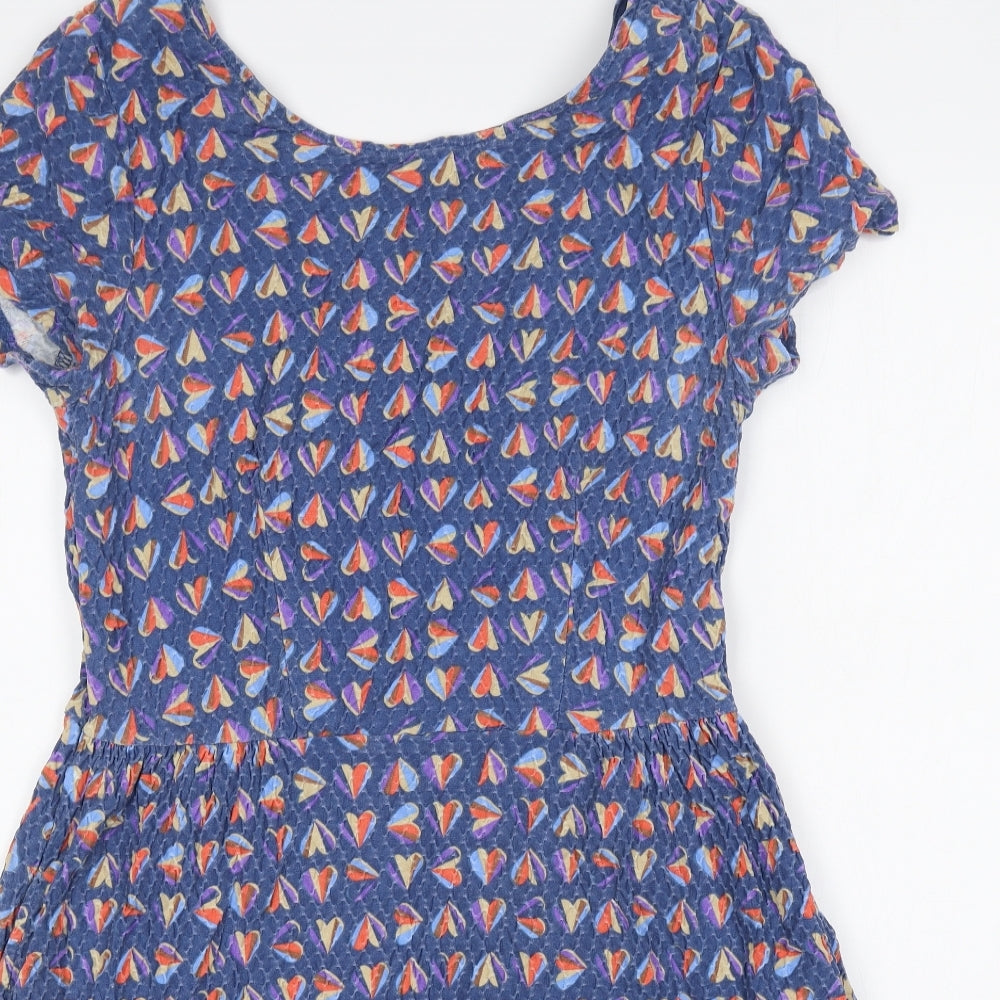 NEXT Womens Blue Geometric Cotton Skater Dress Size 12 Scoop Neck Pullover