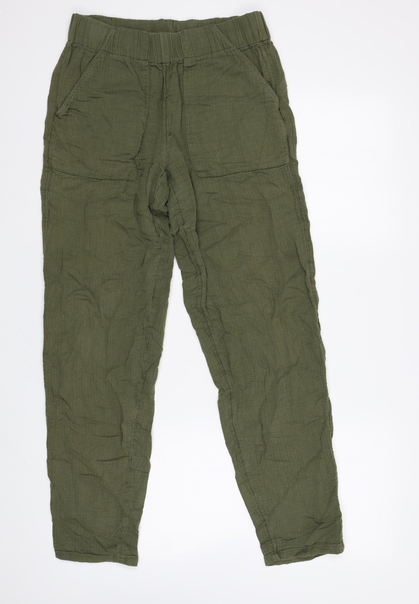 Per Una Womens Green Cotton Trousers Size 8 L29 in Regular Tie