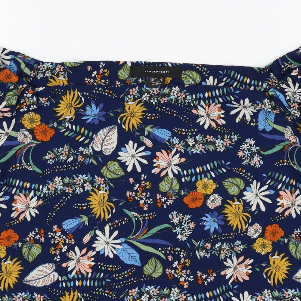 Atmosphere Womens Blue Floral Polyester Basic Blouse Size 10 Boat Neck