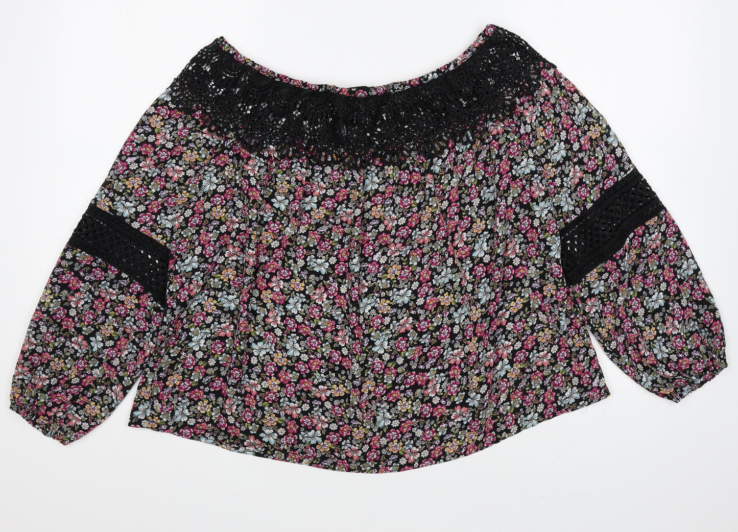 New Look Womens Multicoloured Floral Polyester Basic Blouse Size 10 Boat Neck - Lace Detail