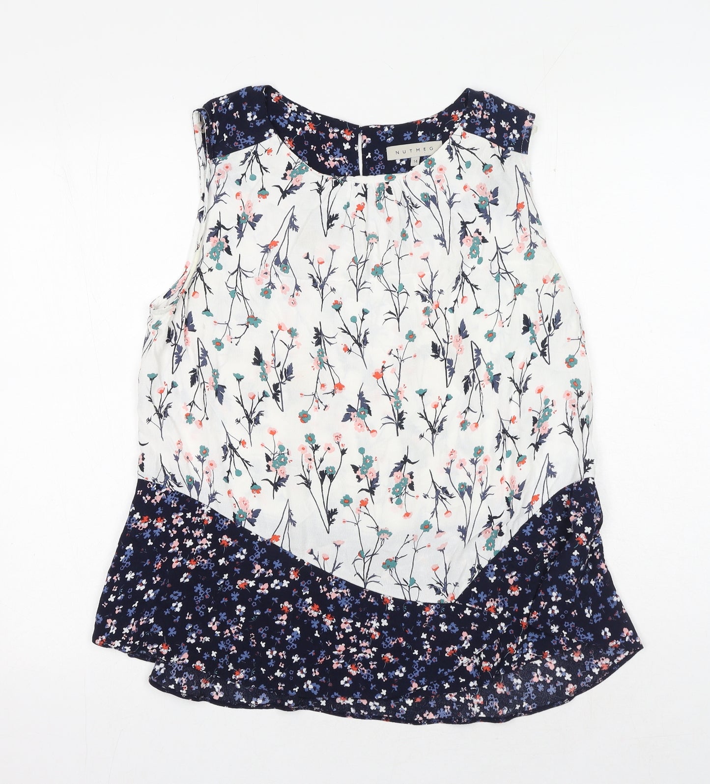 Nutmeg Womens White Floral Viscose Basic Blouse Size 14 Round Neck