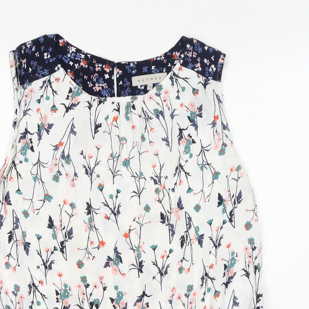 Nutmeg Womens White Floral Viscose Basic Blouse Size 14 Round Neck