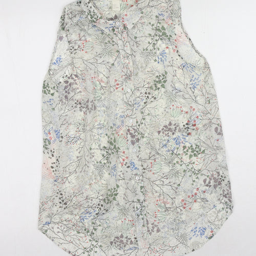 H&M Womens White Geometric Polyester Basic Button-Up Size 6 Collared - Leaf Print
