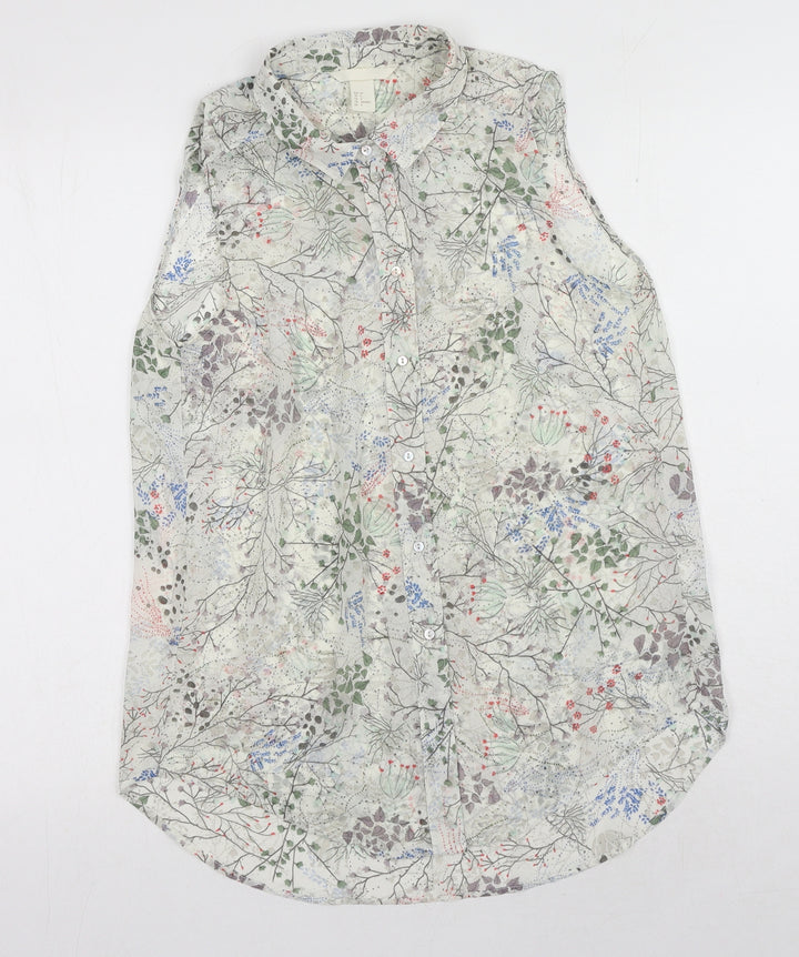 H&M Womens White Geometric Polyester Basic Button-Up Size 6 Collared - Leaf Print