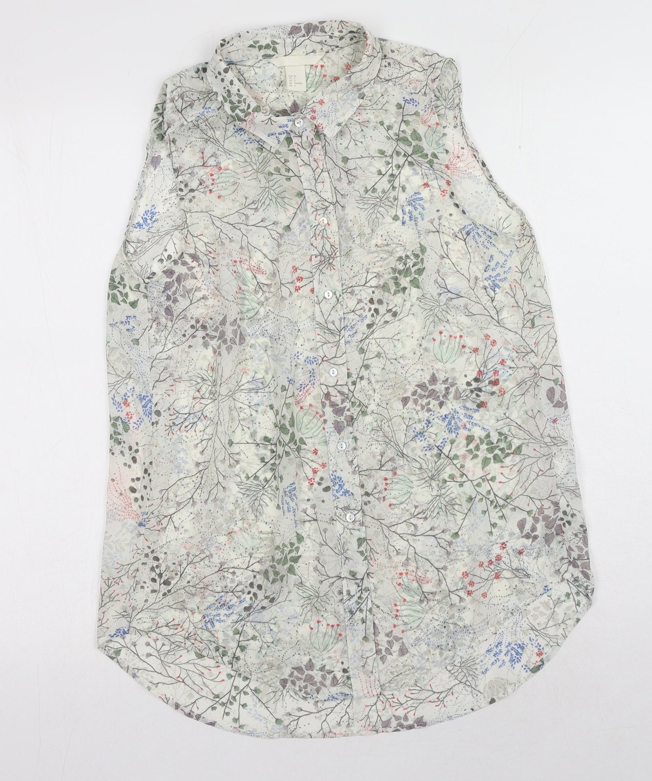 H&M Womens White Geometric Polyester Basic Button-Up Size 6 Collared - Leaf Print
