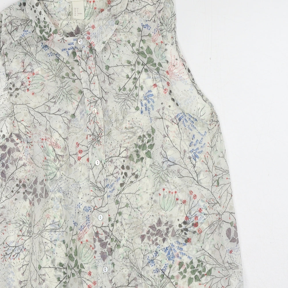 H&M Womens White Geometric Polyester Basic Button-Up Size 6 Collared - Leaf Print
