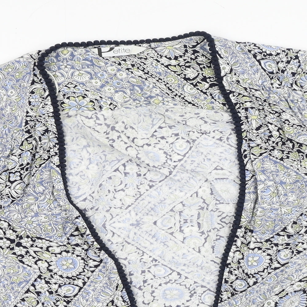 BHS Womens Blue Geometric Viscose Kimono Blouse Size 8 V-Neck