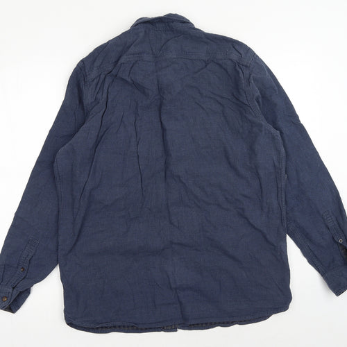 George Mens Blue Cotton Button-Up Size L Collared Button