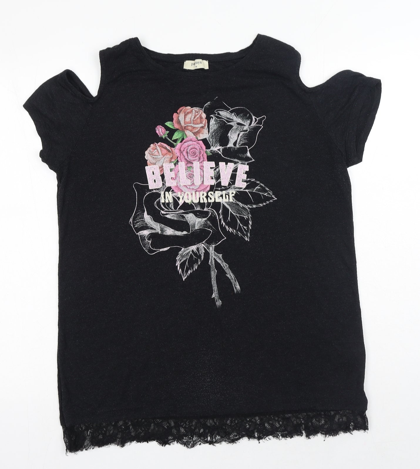 Matalan Womens Black Viscose Basic T-Shirt Size 14 Round Neck - Believe In Yourself Cold Shoulder